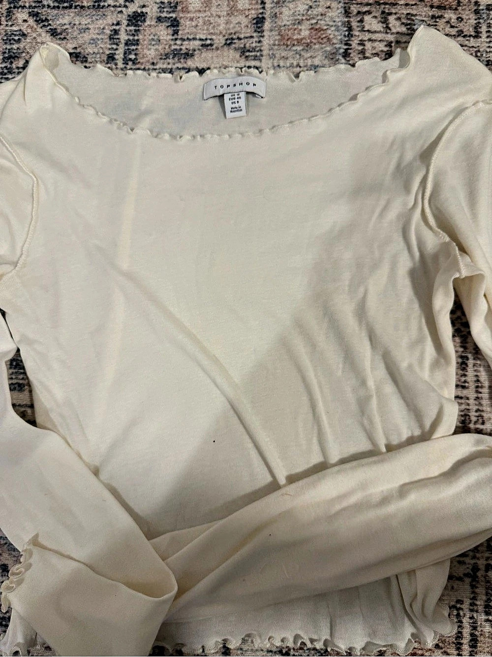 Topshop Lettuce Edge Long Sleeve Cotton Top Long Sleeve Top in Cream Size 8